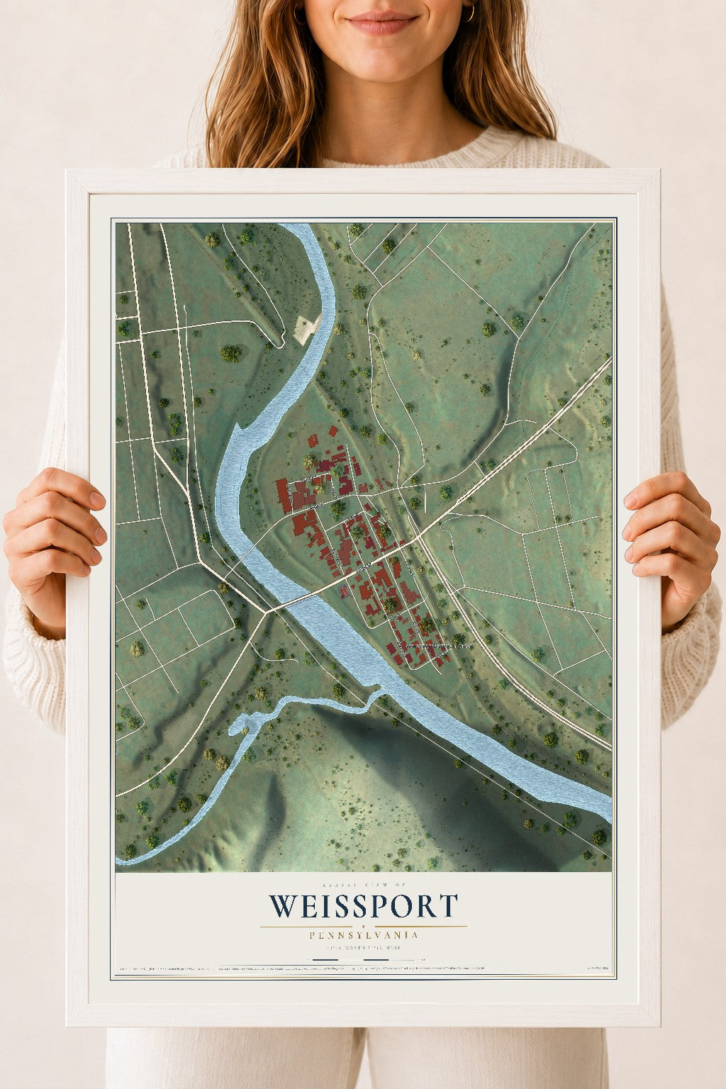 Map of Weissport, Pennsylvania, 18 x 24 inch print in a white wood frame
