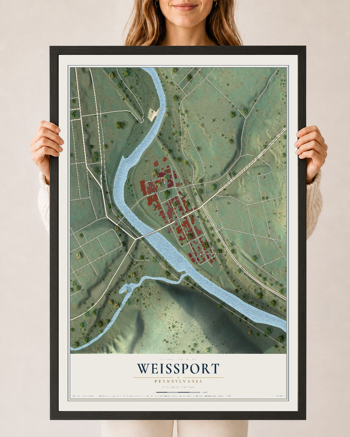 Map of Weissport, Pennsylvania, 24 x 36 inch print in a black wood frame