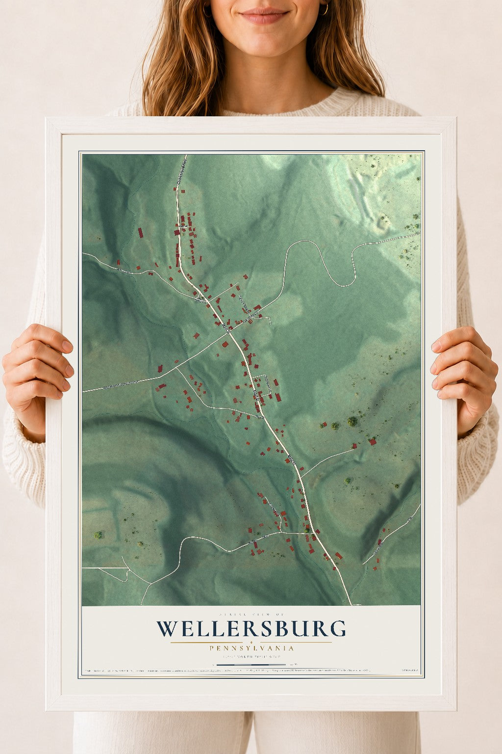 Map of Wellersburg, Pennsylvania, 18 x 24 inch print in a white wood frame