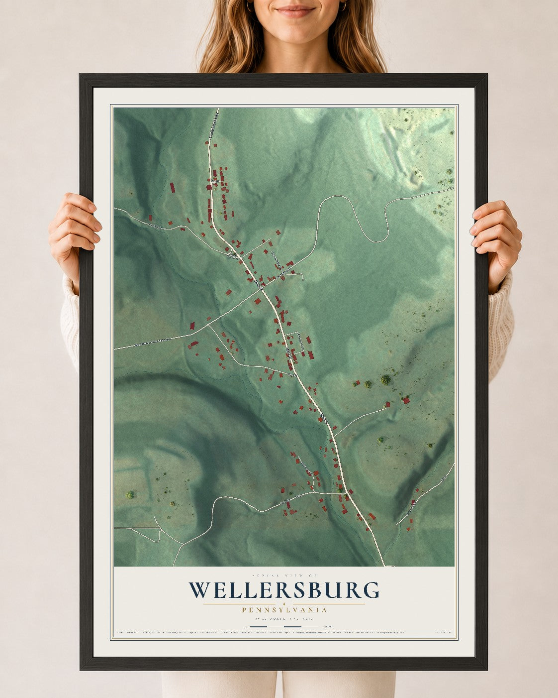 Map of Wellersburg, Pennsylvania, 24 x 36 inch print in a black wood frame