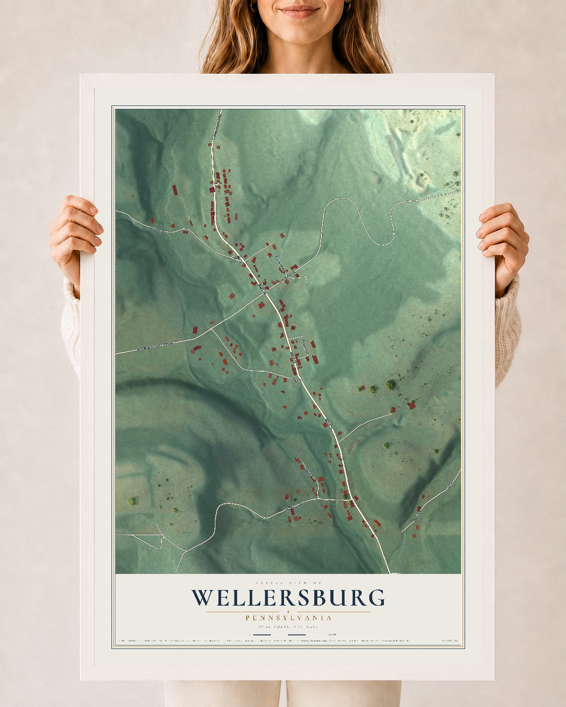 Map of Wellersburg, Pennsylvania, 24 x 36 inch print in a white wood frame