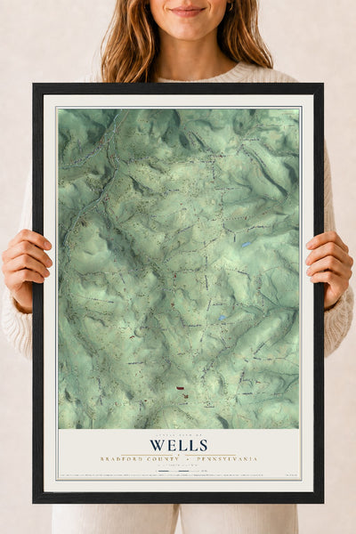Map of Wells, Bradford County, Pennsylvania, 18 x 24 inch print in a black wood frame