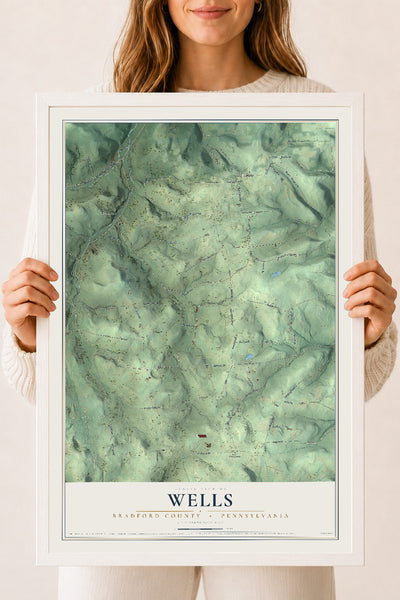 Map of Wells, Bradford County, Pennsylvania, 18 x 24 inch print in a white wood frame