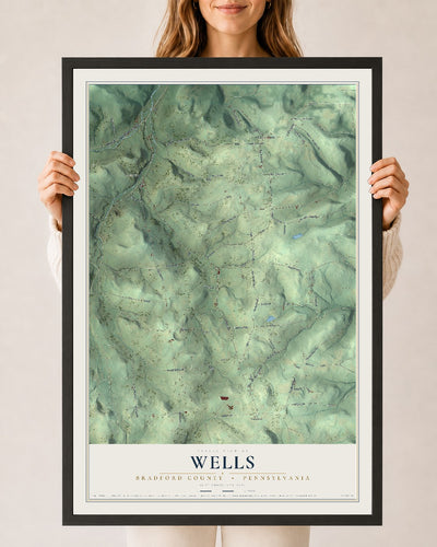 Map of Wells, Bradford County, Pennsylvania, 24 x 36 inch print in a black wood frame