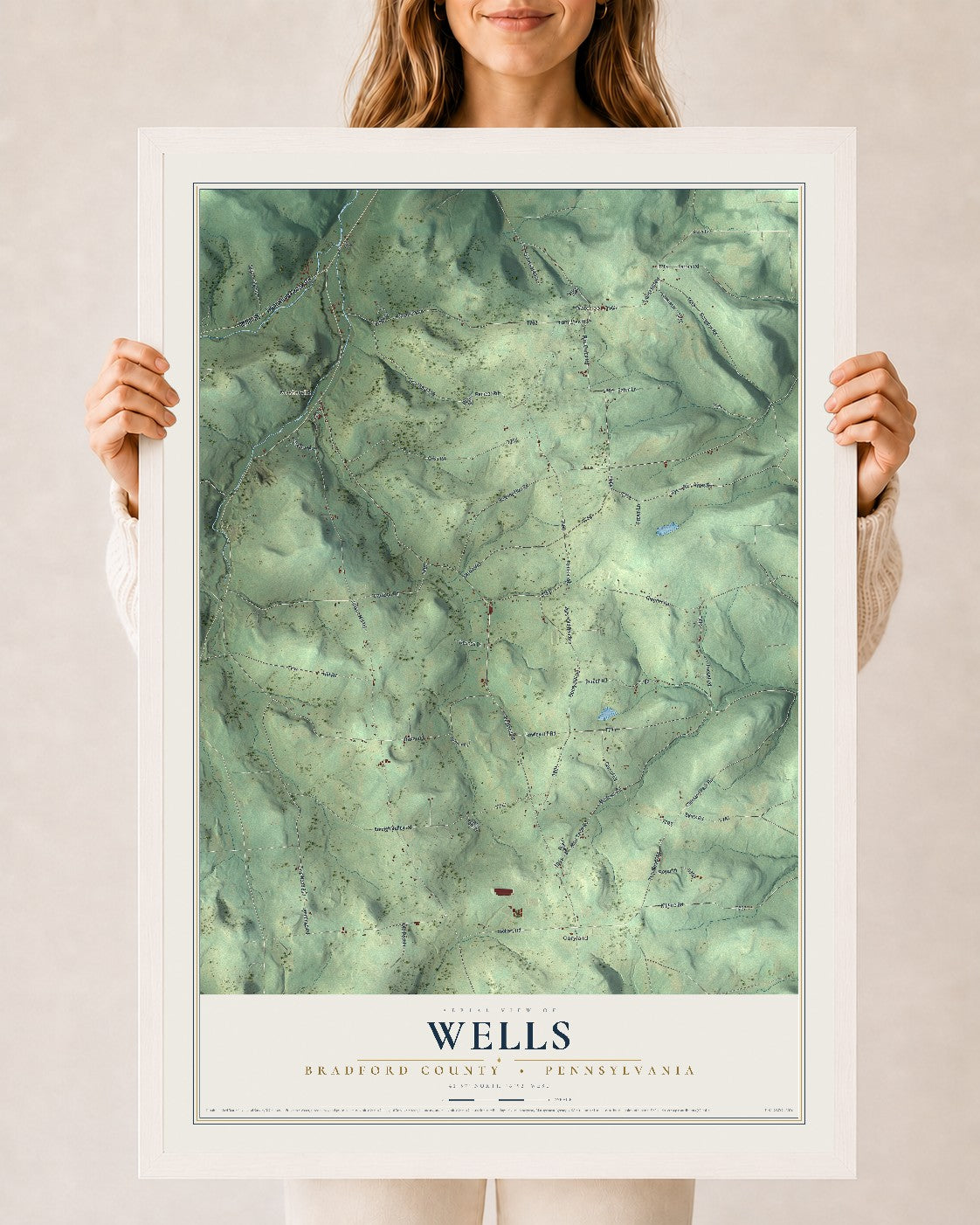 Map of Wells, Bradford County, Pennsylvania, 24 x 36 inch print in a white wood frame