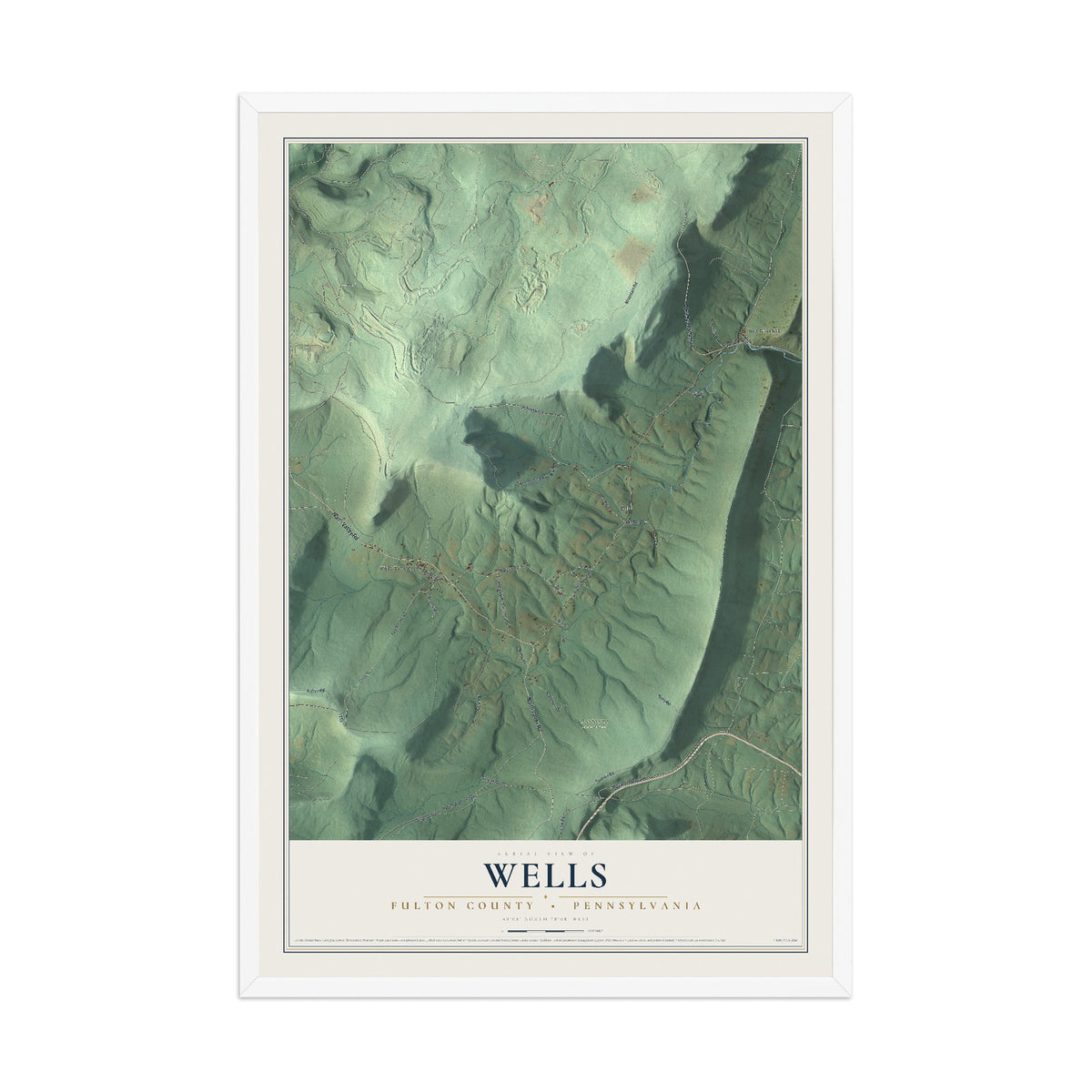 Map of Wells, Fulton County, Pennsylvania, 12 x 18 inch print in a white wood frame
