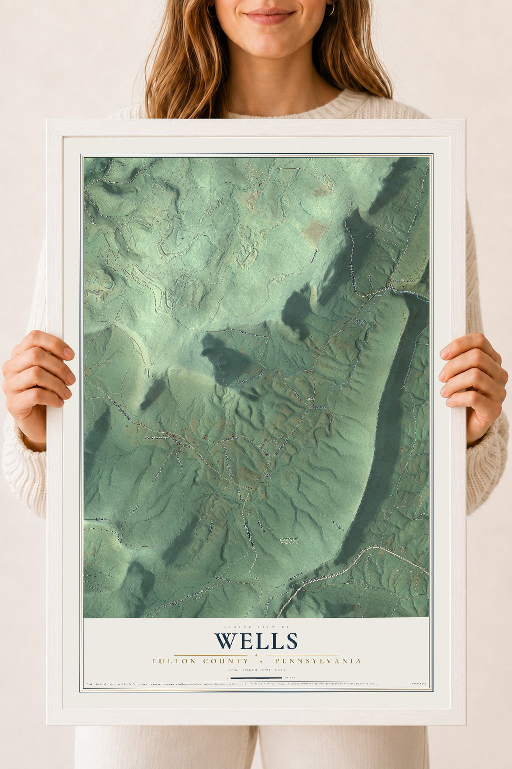 Map of Wells, Fulton County, Pennsylvania, 18 x 24 inch print in a white wood frame