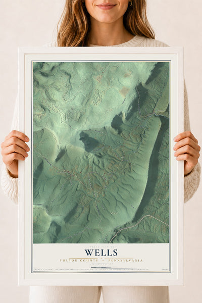 Map of Wells, Fulton County, Pennsylvania, 18 x 24 inch print in a white wood frame