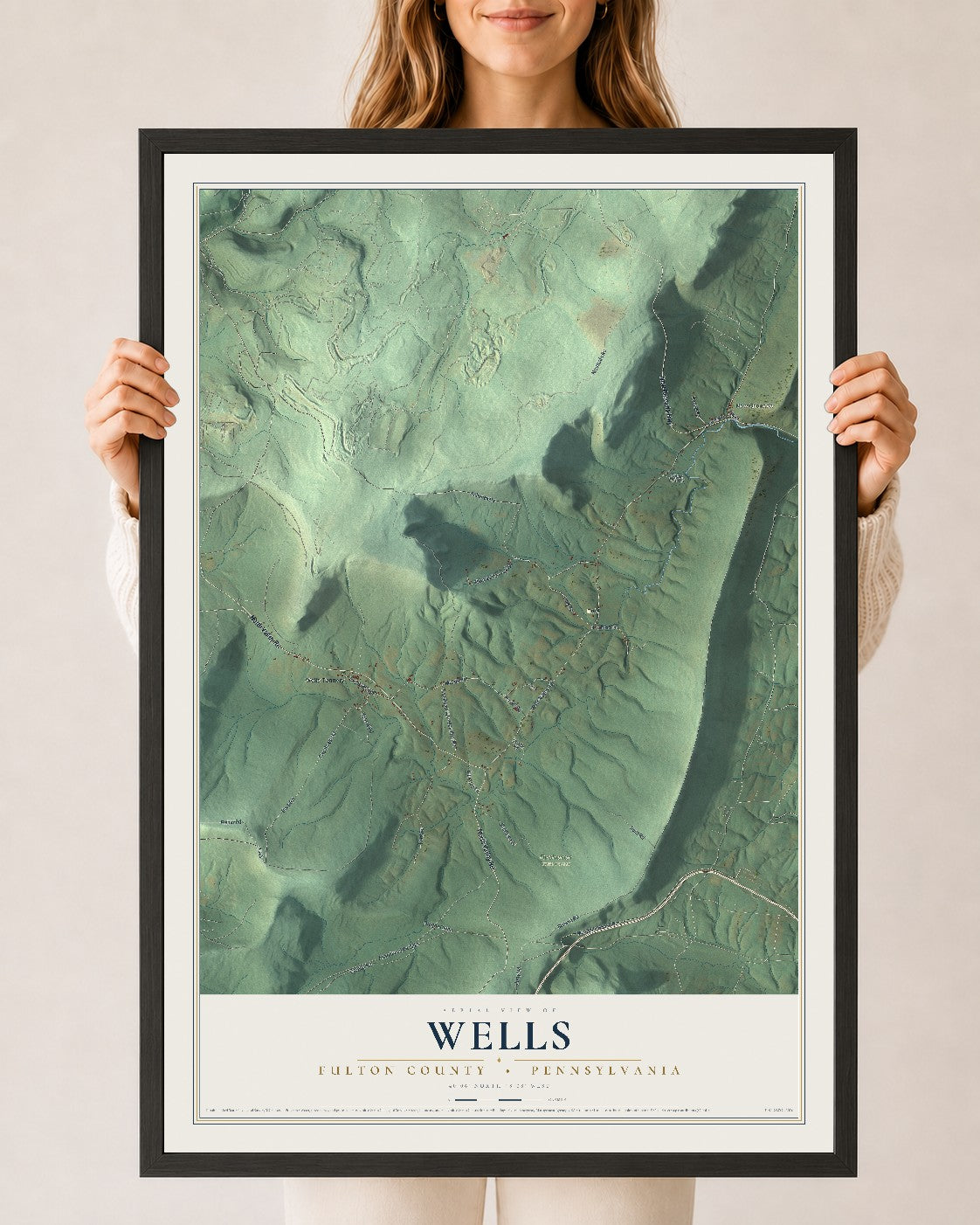 Map of Wells, Fulton County, Pennsylvania, 24 x 36 inch print in a black wood frame