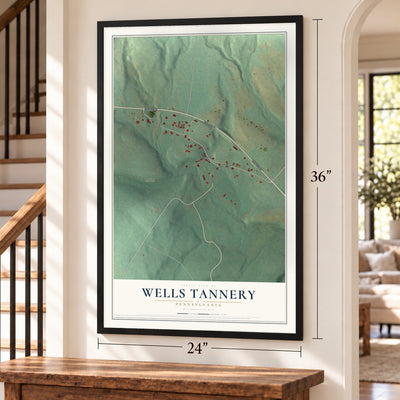 Wells Tannery, Pennsylvania map, 24 x 36 inch print in a black frame by a staircase