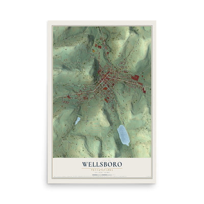 Map of Wellsboro, Pennsylvania, 12 x 18 inch unframed archival matte print