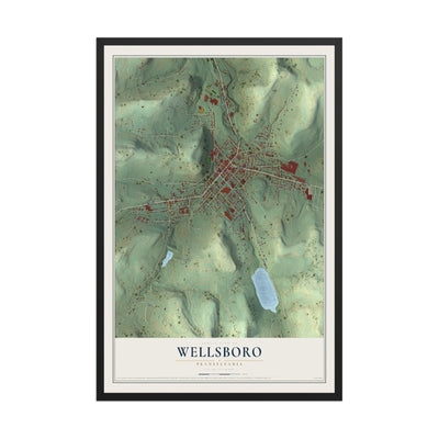 Map of Wellsboro, Pennsylvania, 12 x 18 inch print in a black wood frame