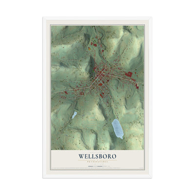 Map of Wellsboro, Pennsylvania, 12 x 18 inch print in a white wood frame