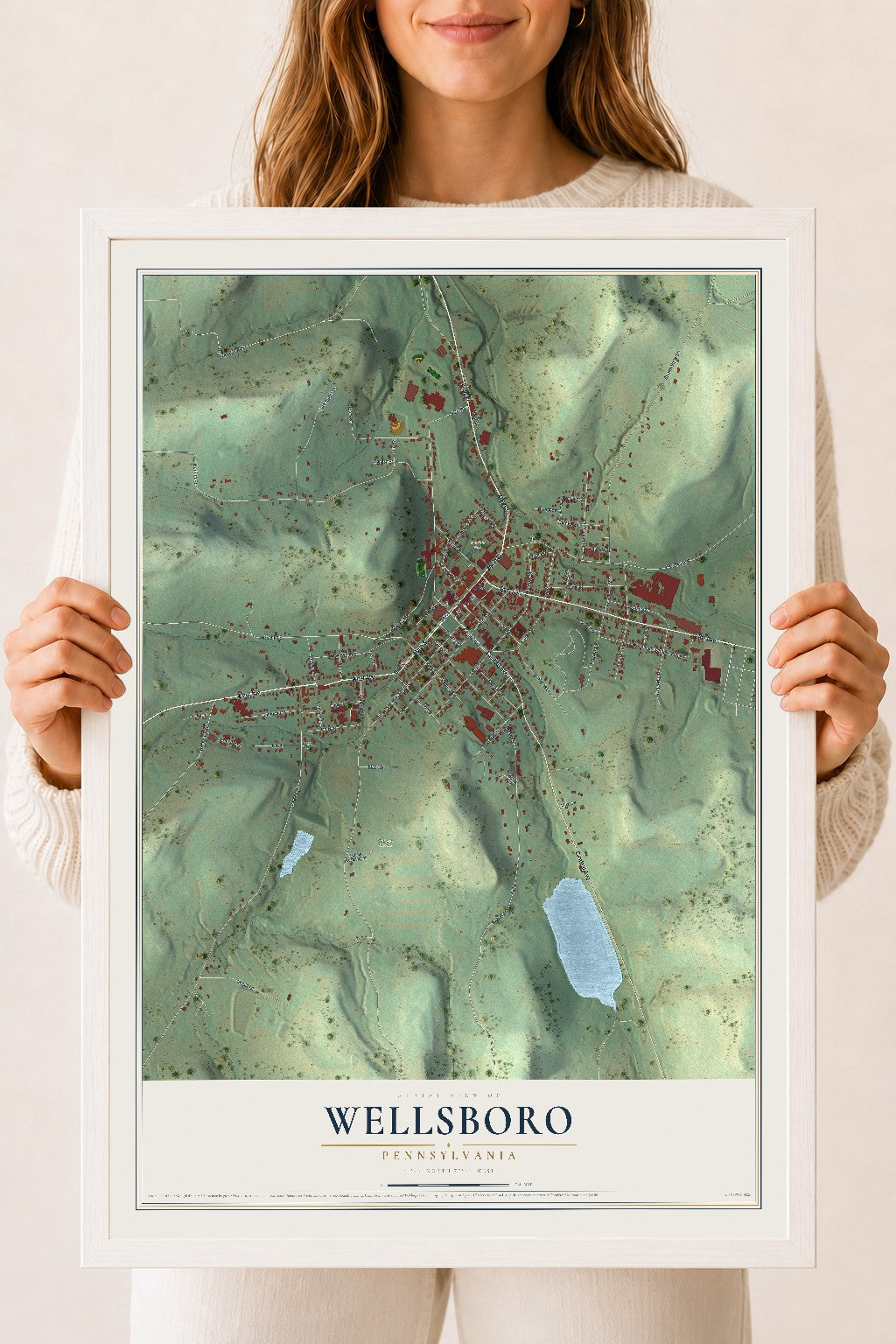 Map of Wellsboro, Pennsylvania, 18 x 24 inch print in a white wood frame