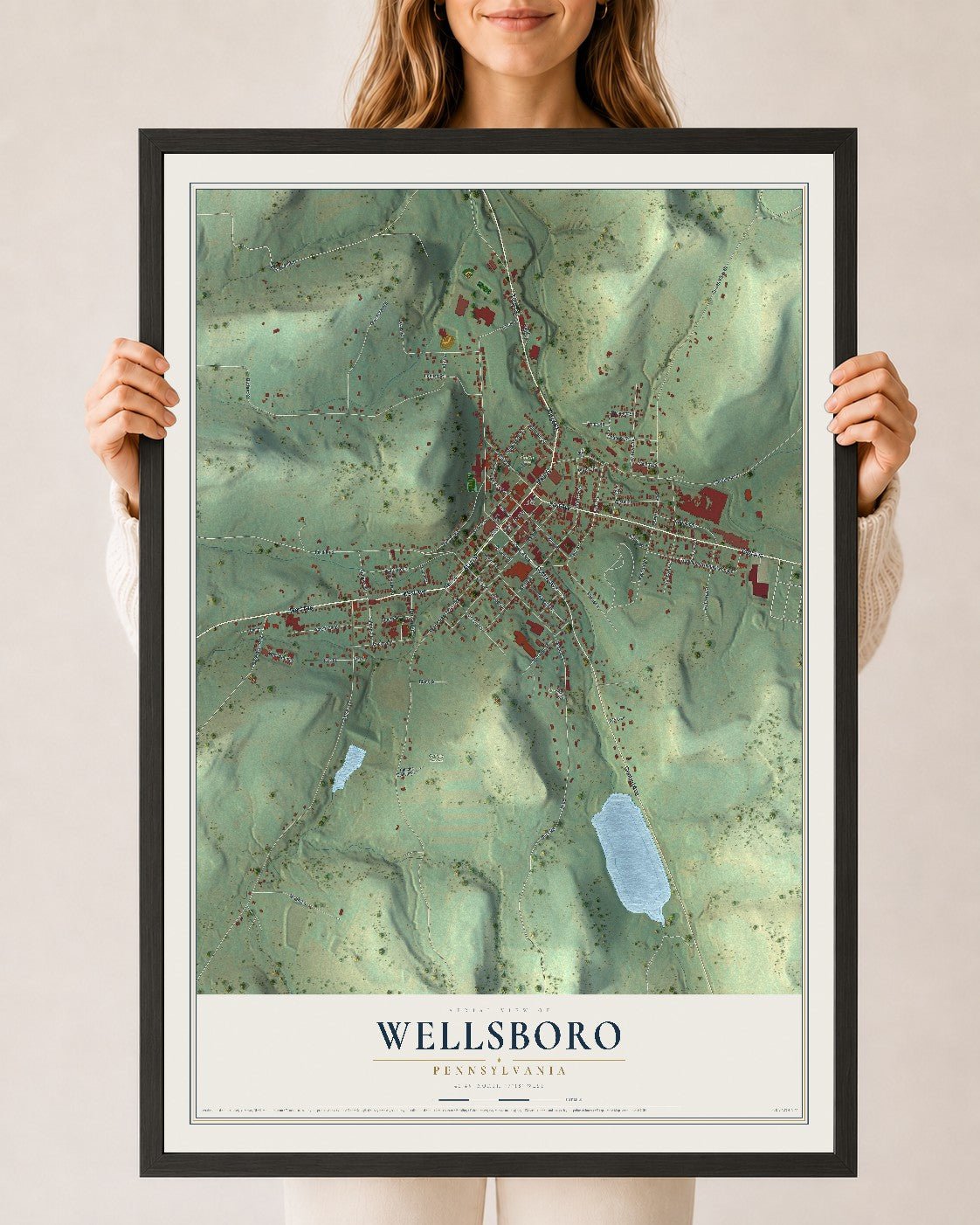 Map of Wellsboro, Pennsylvania, 24 x 36 inch print in a black wood frame