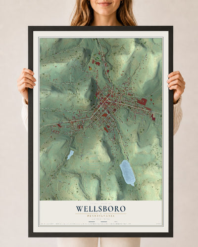 Map of Wellsboro, Pennsylvania, 24 x 36 inch print in a black wood frame