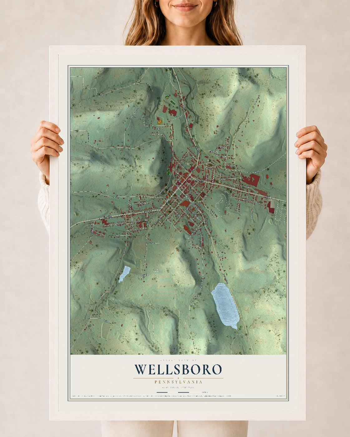 Map of Wellsboro, Pennsylvania, 24 x 36 inch print in a white wood frame