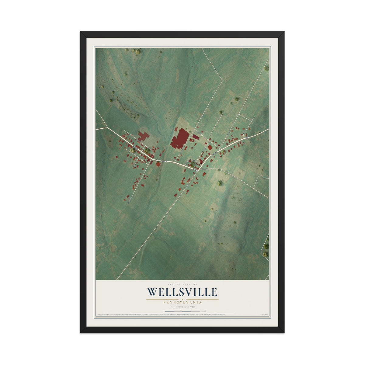 Map of Wellsville, Pennsylvania, 12 x 18 inch print in a black wood frame
