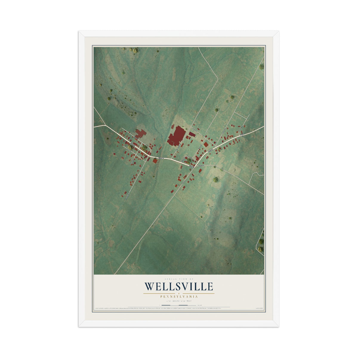 Map of Wellsville, Pennsylvania, 12 x 18 inch print in a white wood frame