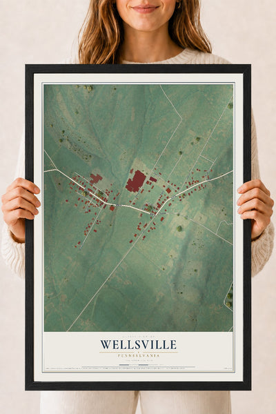 Map of Wellsville, Pennsylvania, 18 x 24 inch print in a black wood frame