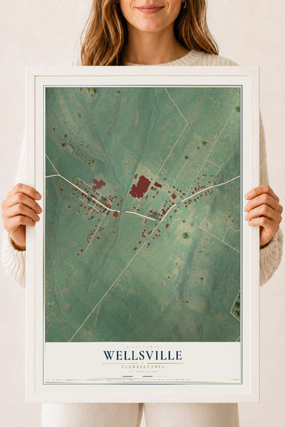 Map of Wellsville, Pennsylvania, 18 x 24 inch print in a white wood frame