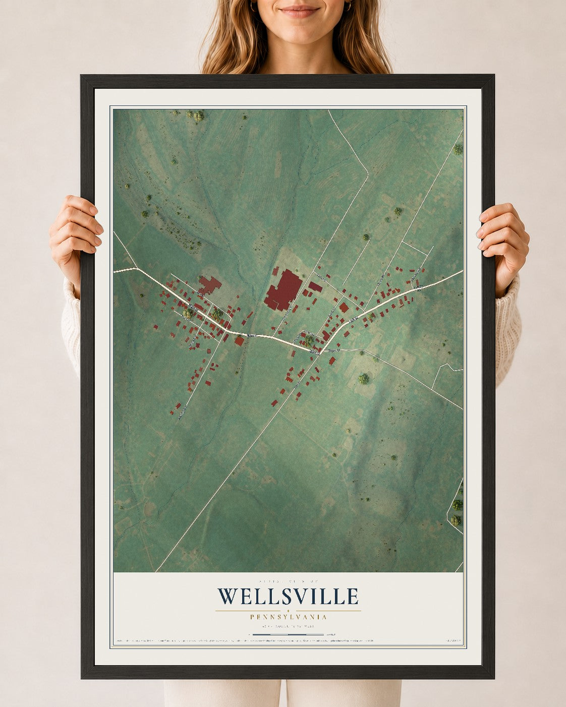 Map of Wellsville, Pennsylvania, 24 x 36 inch print in a black wood frame