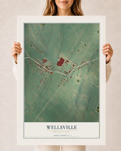 Map of Wellsville, Pennsylvania, 24 x 36 inch print in a white wood frame