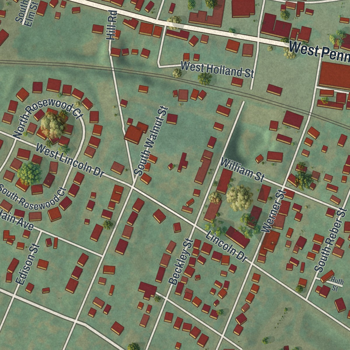 Close-up of the map of Wernersville, Pennsylvania print showing street and building detail