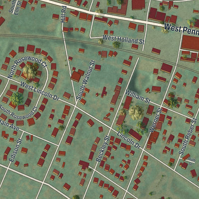 Close-up of the map of Wernersville, Pennsylvania print showing street and building detail