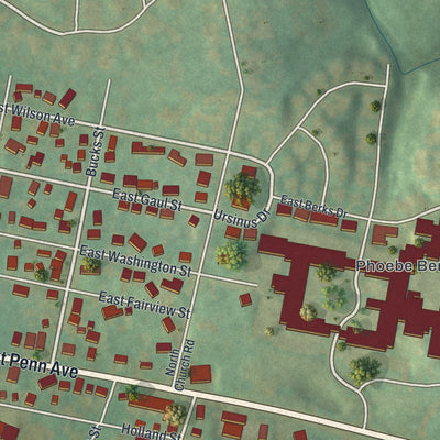 Second close-up of the map of Wernersville, Pennsylvania print showing more streets and buildings