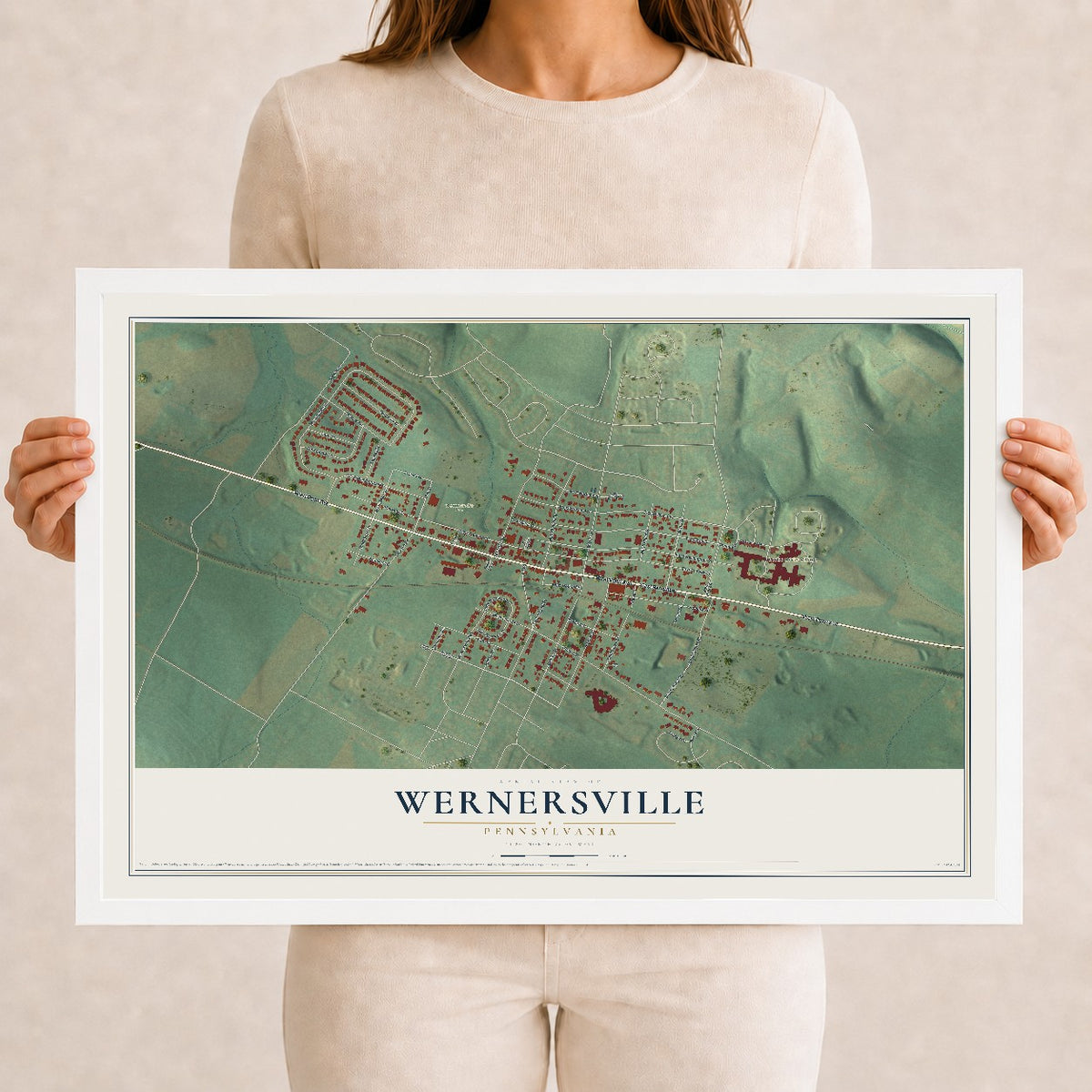 Map of Wernersville, Pennsylvania, 12 x 18 inch print in a white wood frame
