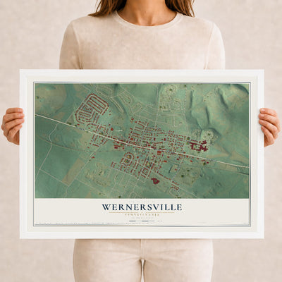 Map of Wernersville, Pennsylvania, 12 x 18 inch print in a white wood frame