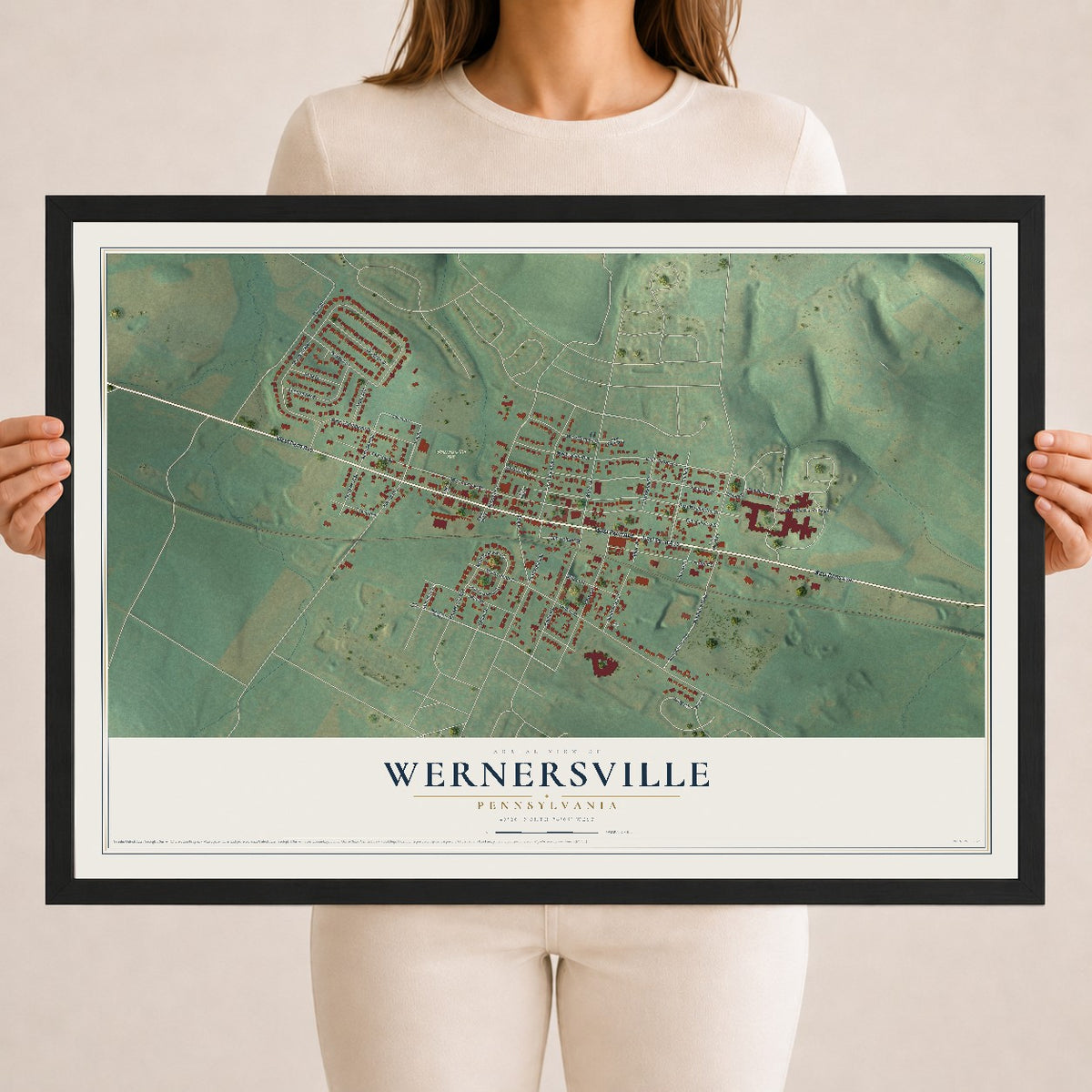 Map of Wernersville, Pennsylvania, 18 x 24 inch print in a black wood frame