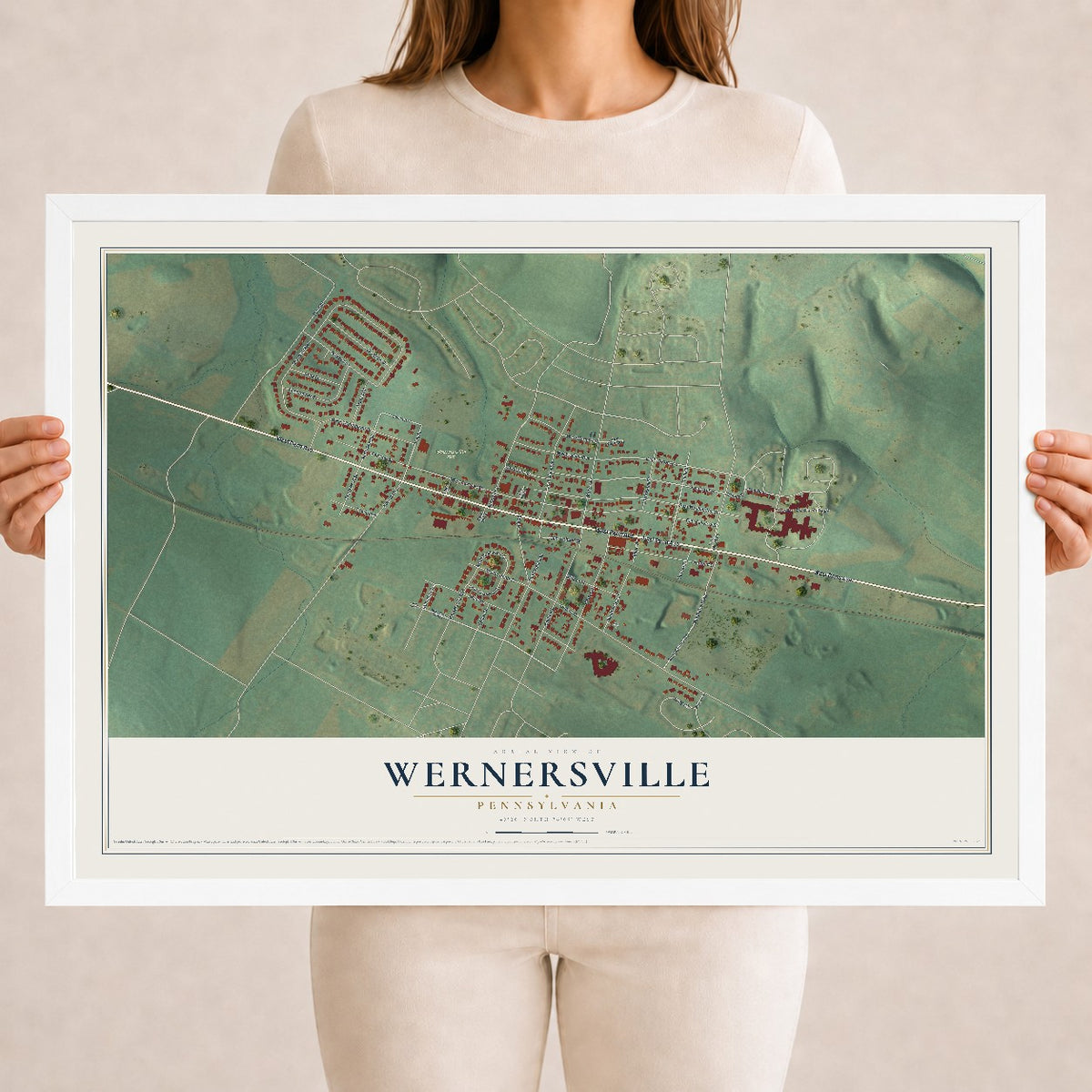 Map of Wernersville, Pennsylvania, 18 x 24 inch print in a white wood frame