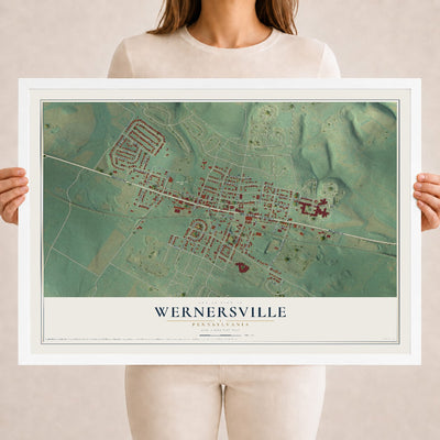 Map of Wernersville, Pennsylvania, 18 x 24 inch print in a white wood frame