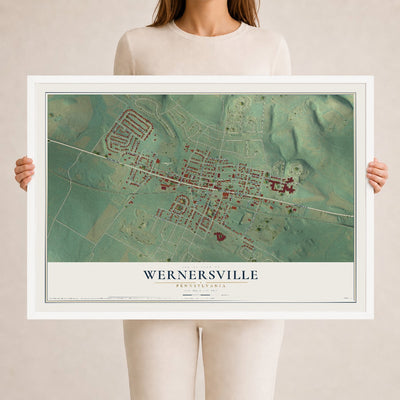 Map of Wernersville, Pennsylvania, 24 x 36 inch print in a white wood frame