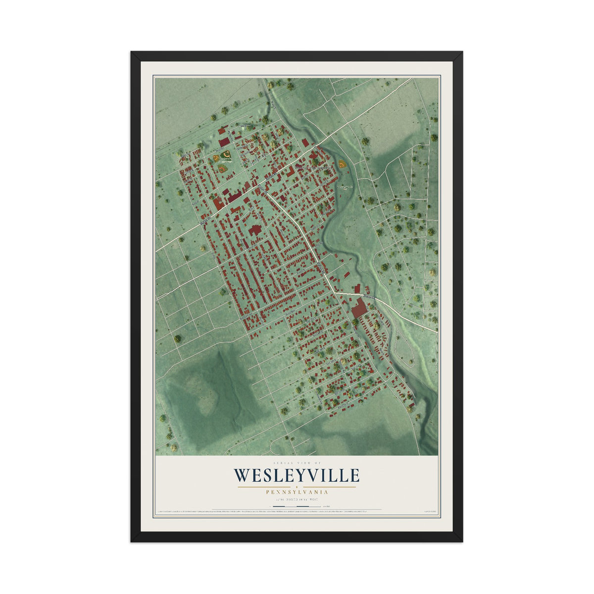 Map of Wesleyville, Pennsylvania, 12 x 18 inch print in a black wood frame