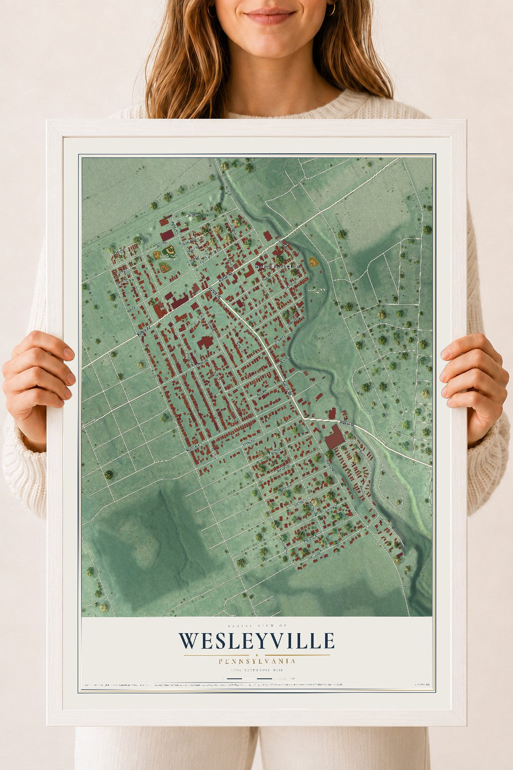Map of Wesleyville, Pennsylvania, 18 x 24 inch print in a white wood frame