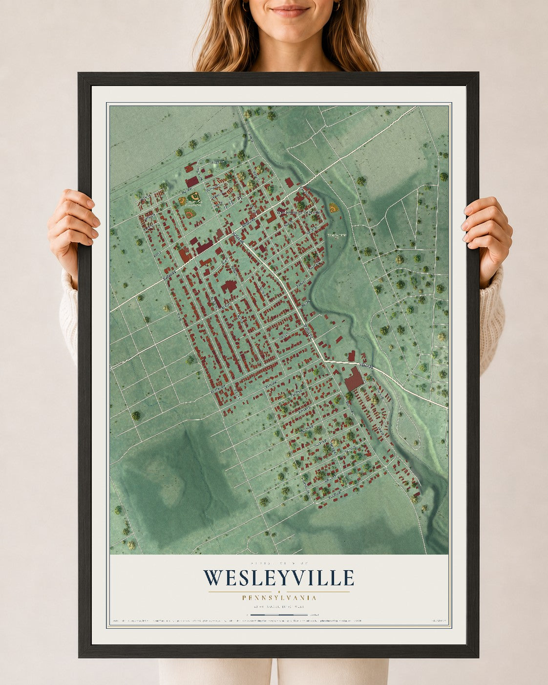 Map of Wesleyville, Pennsylvania, 24 x 36 inch print in a black wood frame