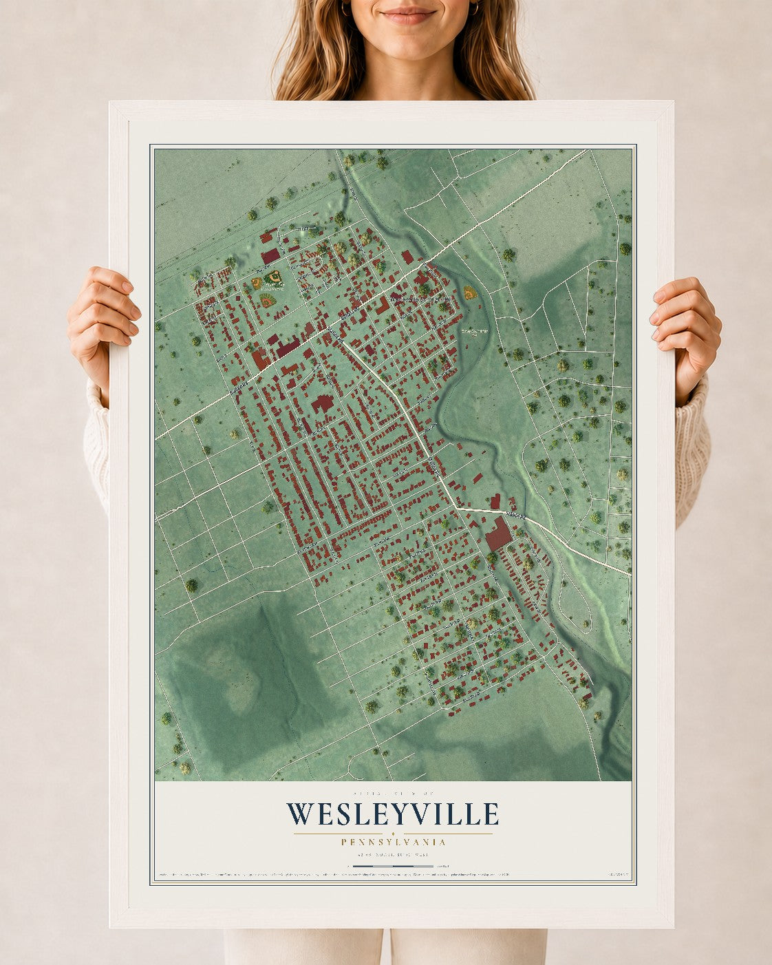 Map of Wesleyville, Pennsylvania, 24 x 36 inch print in a white wood frame