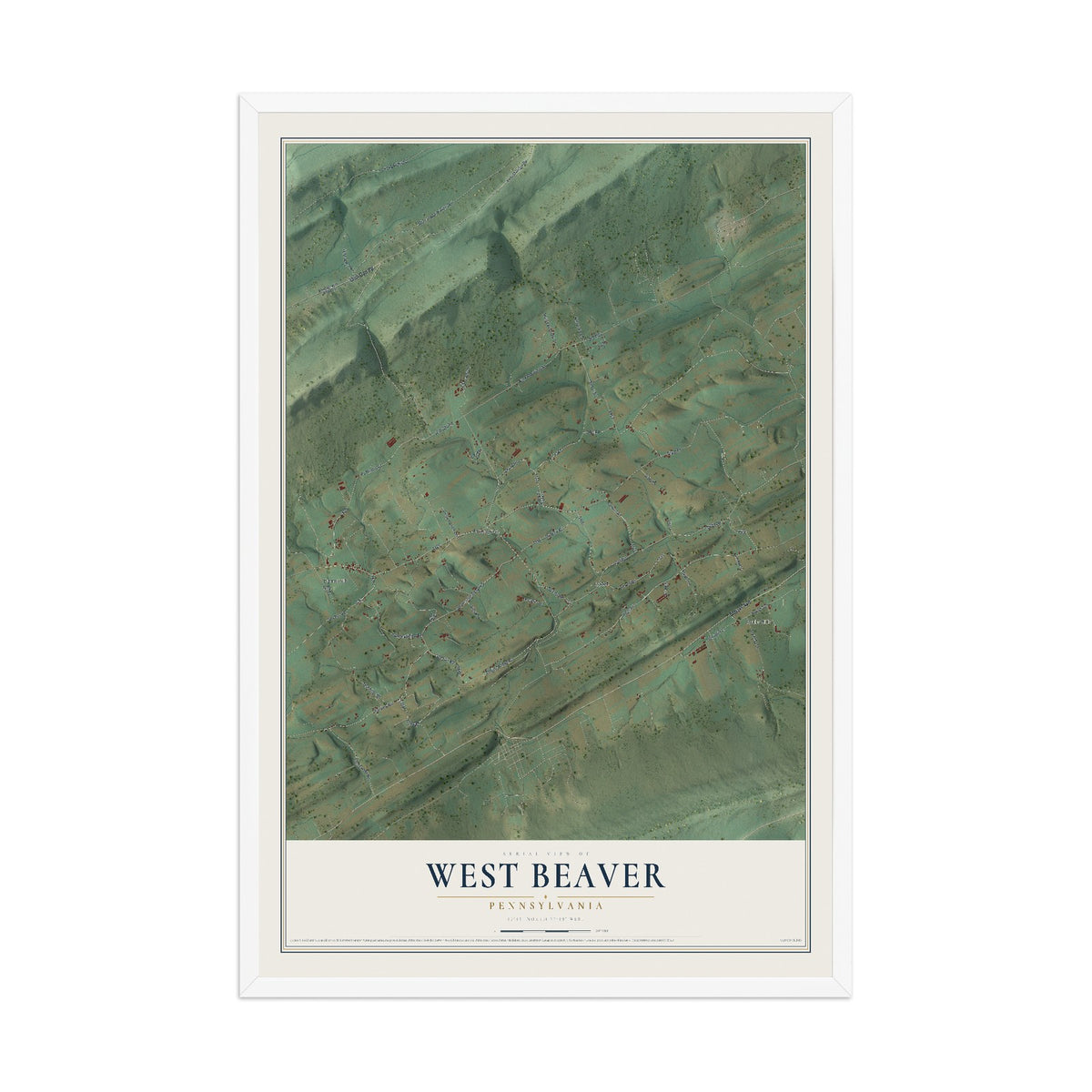 Map of West Beaver, Pennsylvania, 12 x 18 inch print in a white wood frame