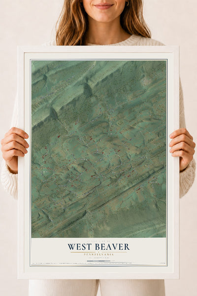 Map of West Beaver, Pennsylvania, 18 x 24 inch print in a white wood frame