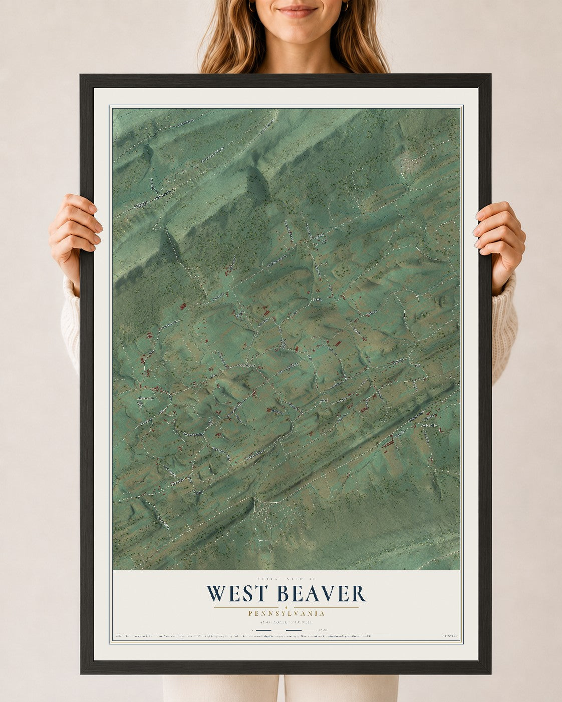 Map of West Beaver, Pennsylvania, 24 x 36 inch print in a black wood frame
