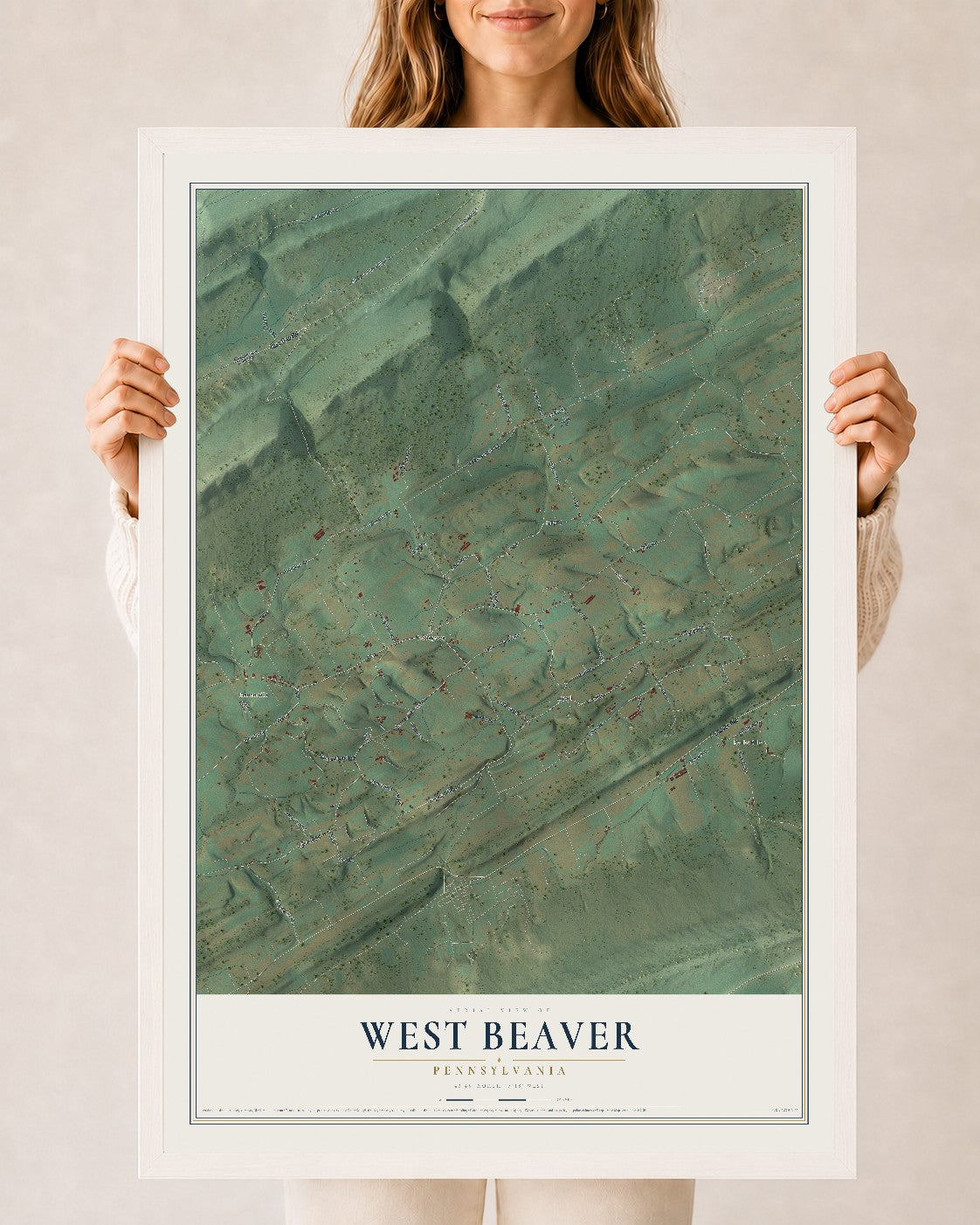Map of West Beaver, Pennsylvania, 24 x 36 inch print in a white wood frame