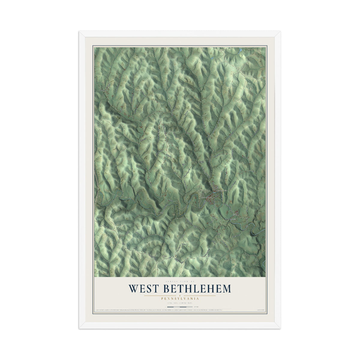 Map of West Bethlehem, Pennsylvania, 12 x 18 inch print in a white wood frame
