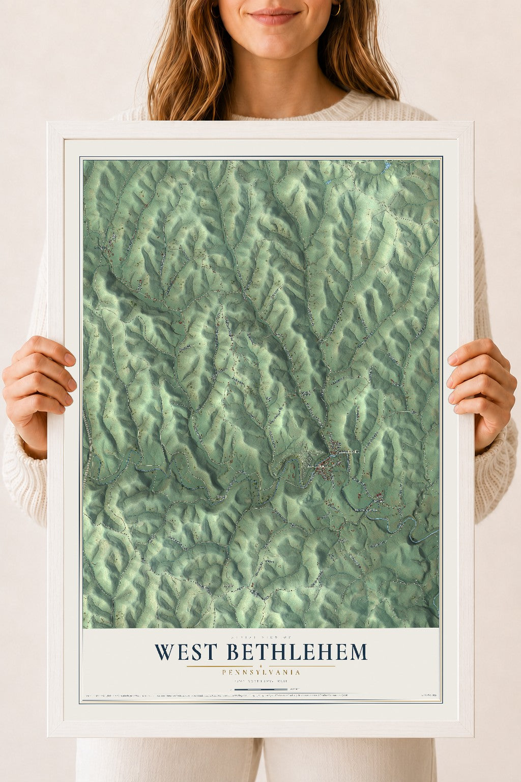 Map of West Bethlehem, Pennsylvania, 18 x 24 inch print in a white wood frame