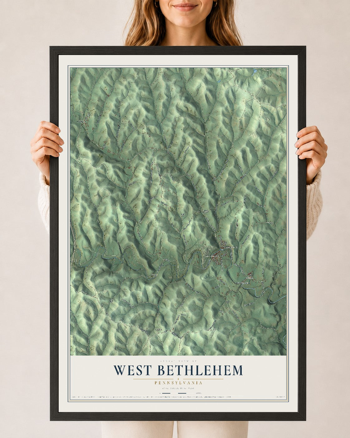 Map of West Bethlehem, Pennsylvania, 24 x 36 inch print in a black wood frame
