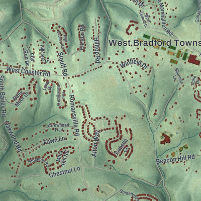 Second close-up of the map of West Bradford, Pennsylvania print showing more streets and buildings