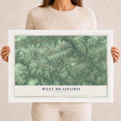Map of West Bradford, Pennsylvania, 12 x 18 inch print in a white wood frame