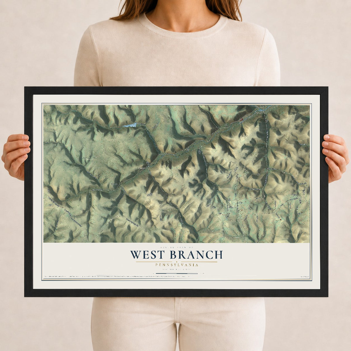 Map of West Branch, Pennsylvania, 12 x 18 inch print in a black wood frame